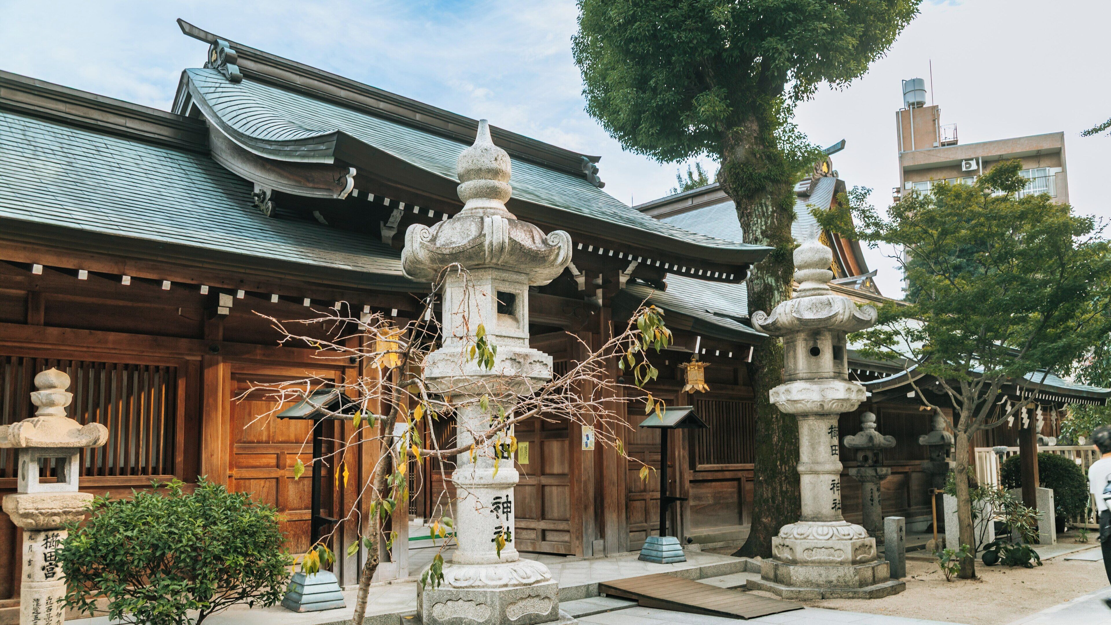 Kushida Shrine stands majestically in Hakata Ward, Fukuoka, offering a glimpse into traditional Japanese architecture and culture amid the urban landscape