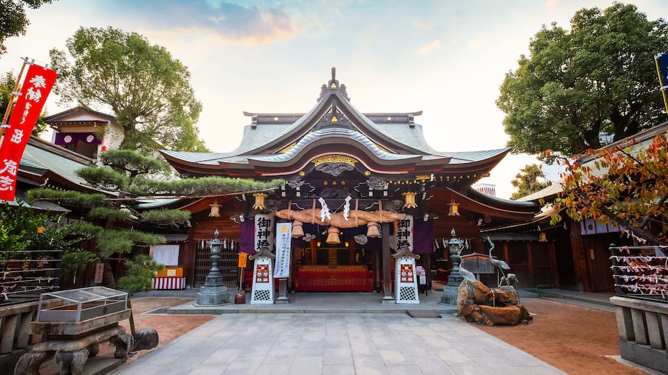 Fukuoka, Japan - Nov 20 2022: Kushida shrine in Hakata ward, founded in 757, the shrine dedicated to Amaterasu the goddess of the sun and Susanoo god of seas and storms, thunder and lightning