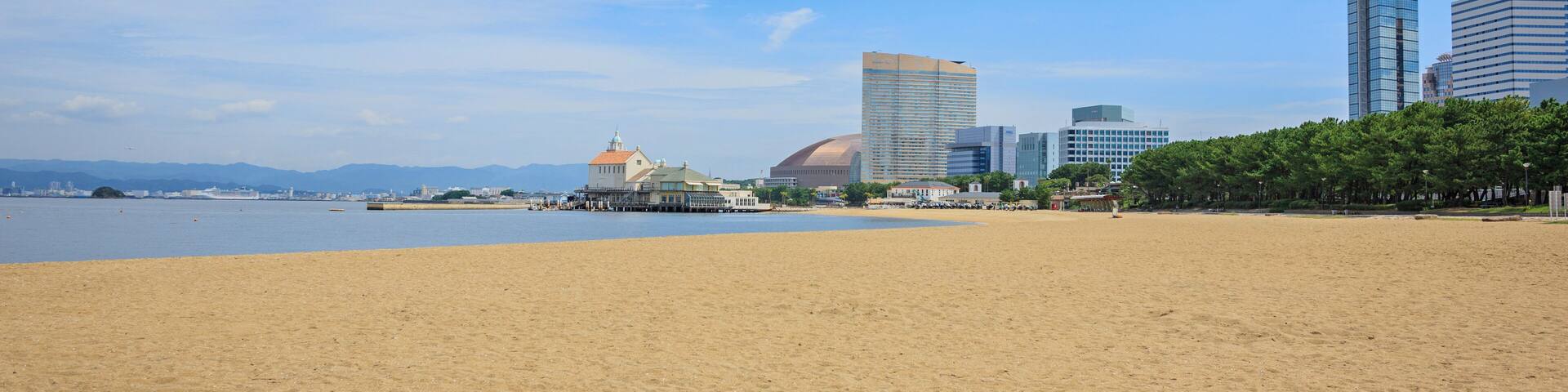 A sandy beach with a large rock formation in the foreground, a body of water, and a city skyline with modern buildings and a tall tower in the background.