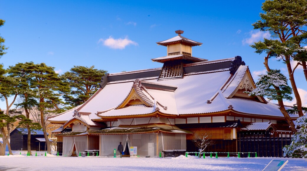 Fort Goryokaku which includes snow and a temple or place of worship