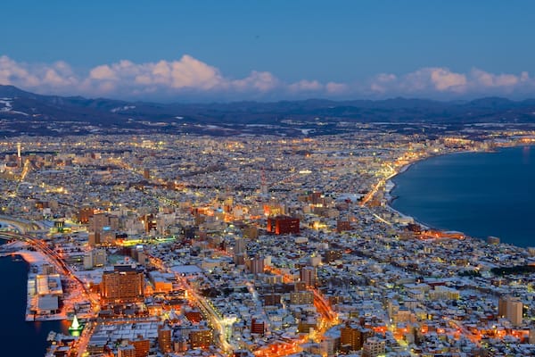 Mount Hakodate showing a city, night scenes and landscape views