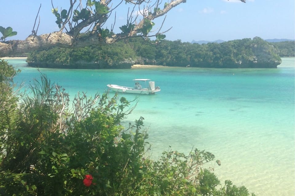 A coastal landscape with clear turquoise waters, a small boat, and lush greenery.