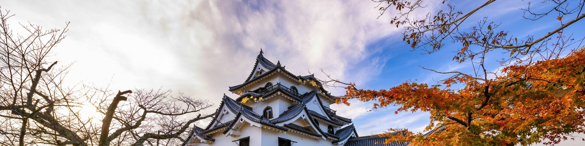 Beautiful sky during the autumn leaves season at Hikone Castle, Shiga Prefecture Japan.