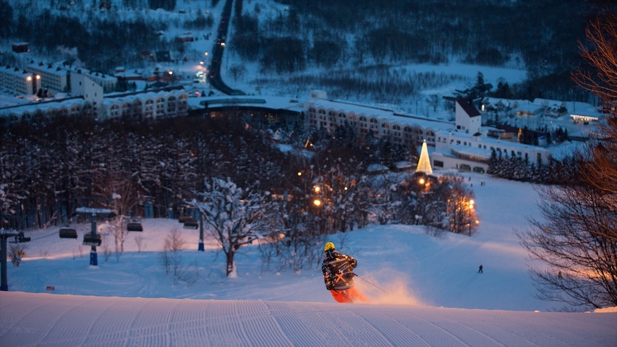 Rusutsu Resort which includes snow, snow skiing and night scenes