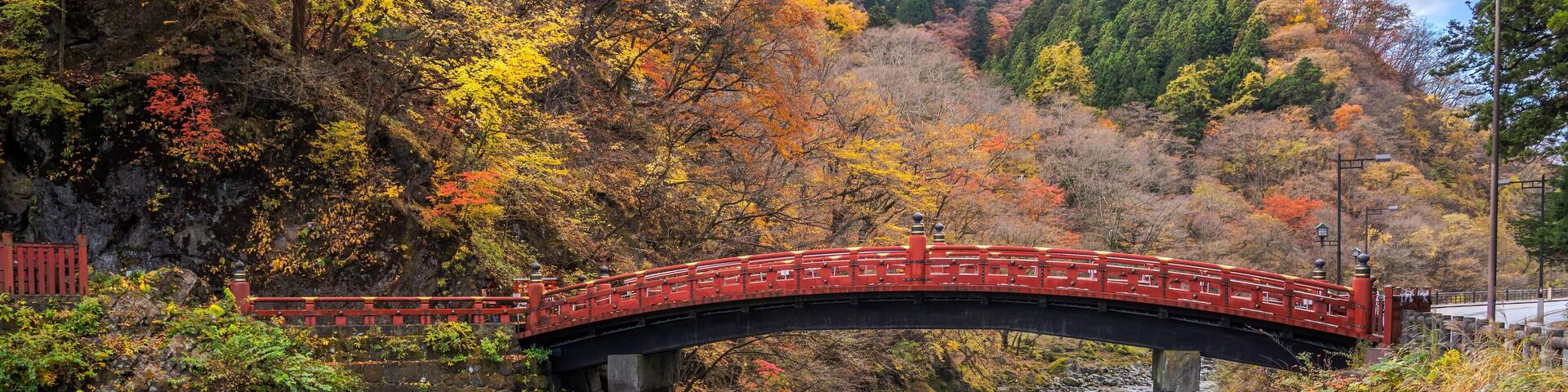 PK0898 Shinkyo Bridge (Sacred Bridge) crossing the Day River during Autumn Season. The one of the three most beautiful bridges in Japan, Nikko, Japan