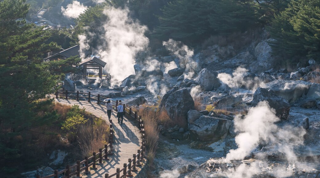A traditional Japanese pavilion surrounded by steam vents and rocky terrain.