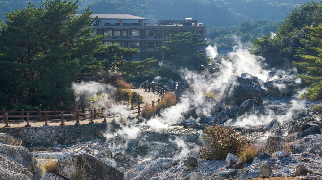 A geothermal area with steam vents, a wooden boardwalk, and a building in the background.
