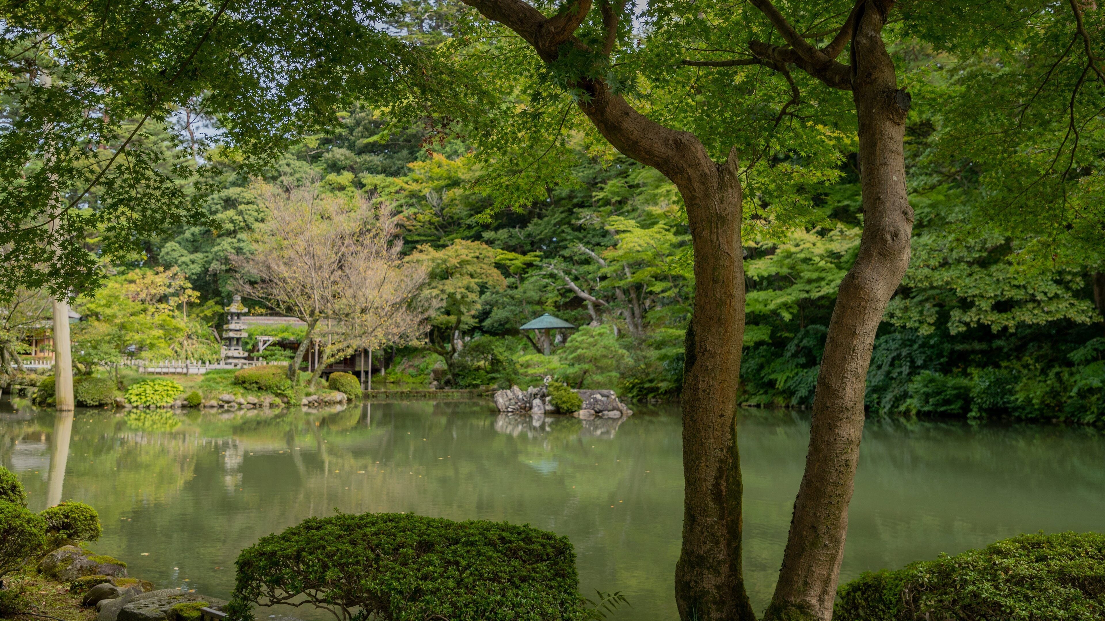 En fredfyldt sø omgivet af frodig vegetation og traditionel japansk arkitektur.