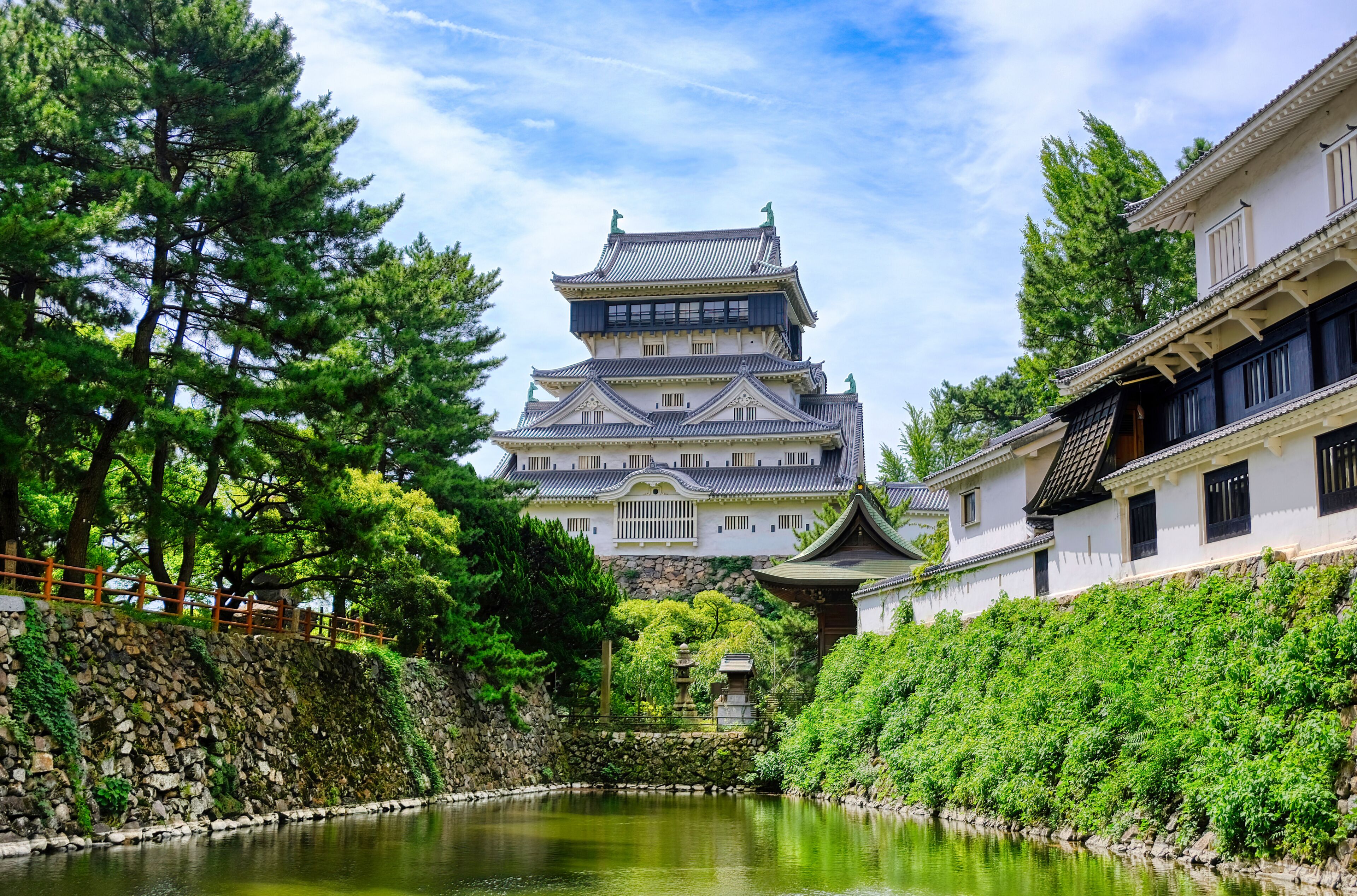 A traditional Japanese castle with a pond in the foreground, surrounded by lush greenery and stone walls.