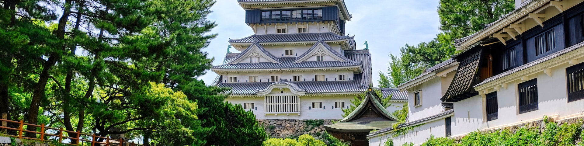 A traditional Japanese castle with a pond in the foreground, surrounded by lush greenery and stone walls.