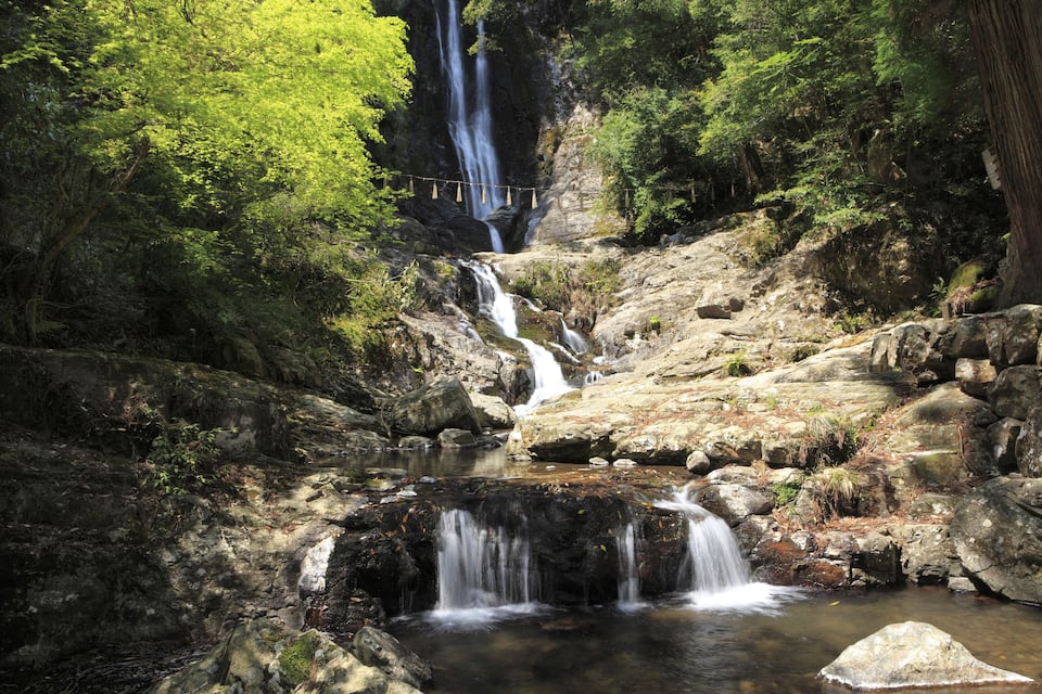 Una cascada de varios niveles en un área boscosa con terreno rocoso y abundante vegetación.