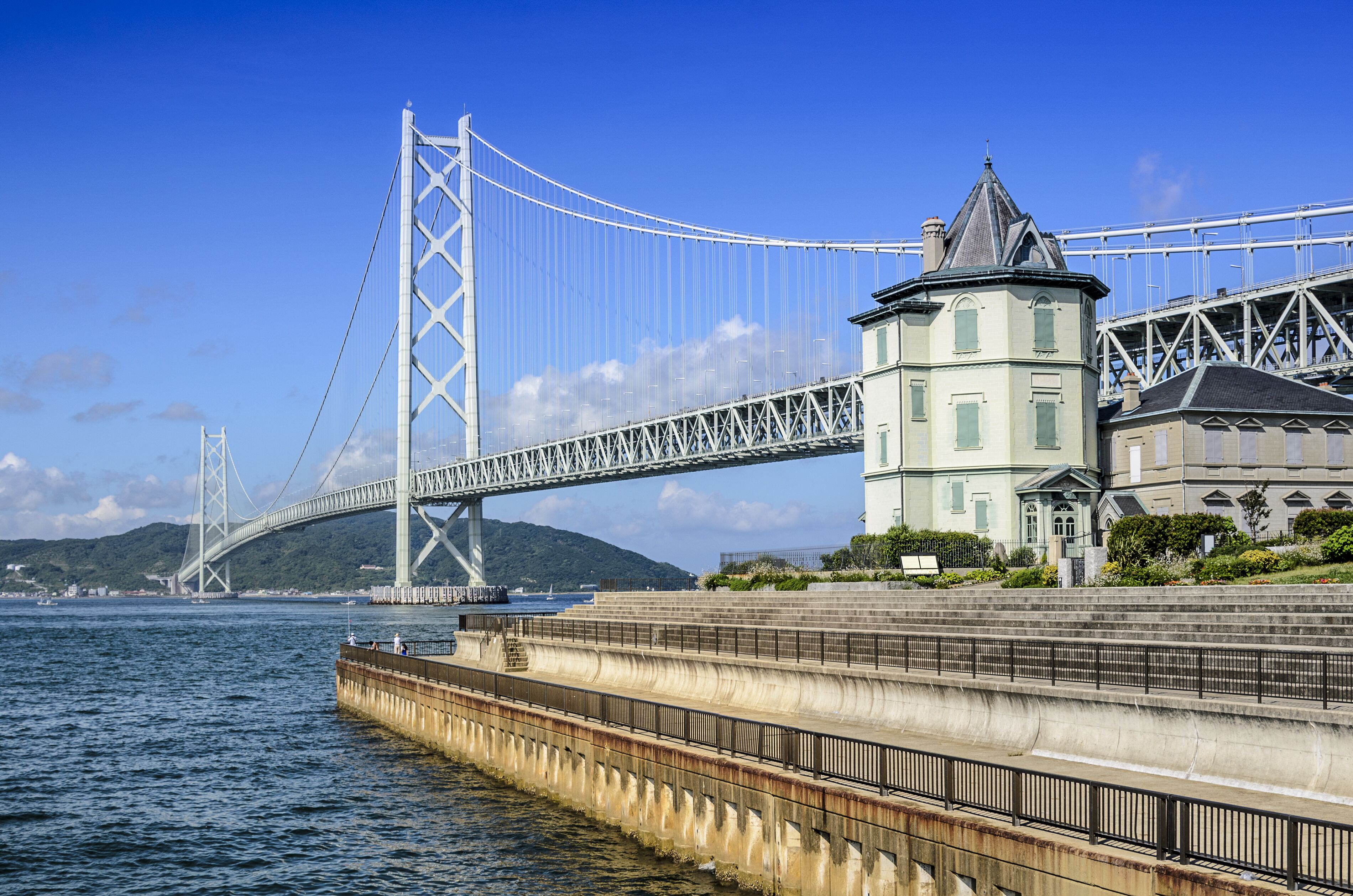 Kobe, Japan at Akashi Kaikyo Bridge spanning the Seto Inland Sea to Awaji Island.