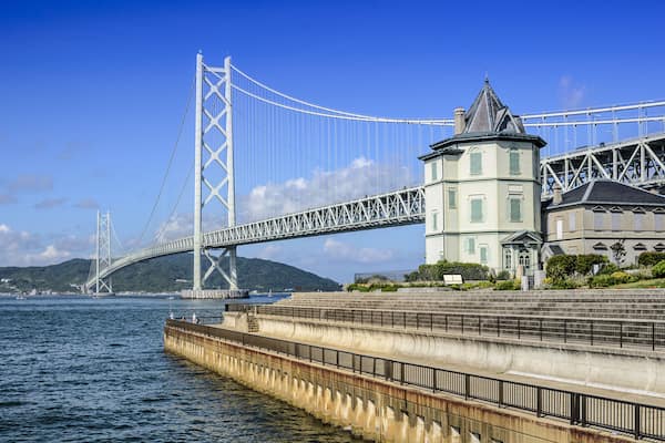 Kobe, Japan at Akashi Kaikyo Bridge spanning the Seto Inland Sea to Awaji Island.