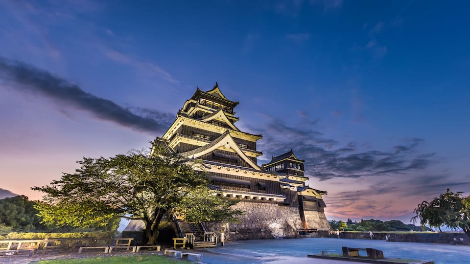 Beautiful sunset at Kumamoto Castle in Kyushu, Japan.