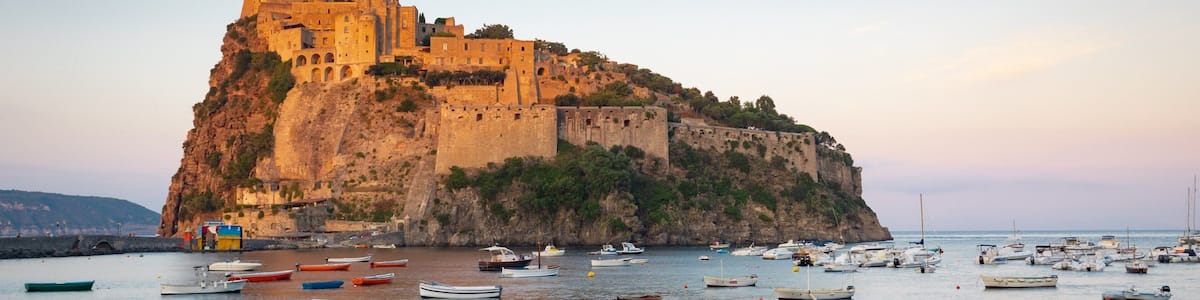 A coastal town with a historic castle on a cliff, surrounded by boats in the harbor.