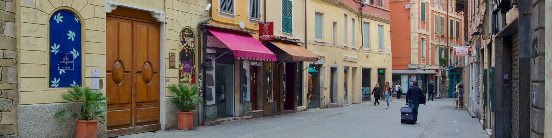 Una calle estrecha bordeada de edificios coloridos, una puerta de madera y una maceta.