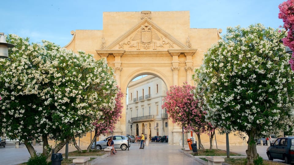 Arco di Trionfo showing a sunset, flowers and heritage architecture