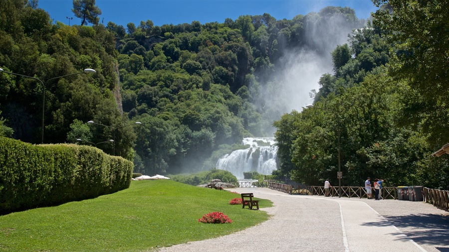 Una cascada rodeada de exuberante vegetación y un sendero pavimentado con bancos.