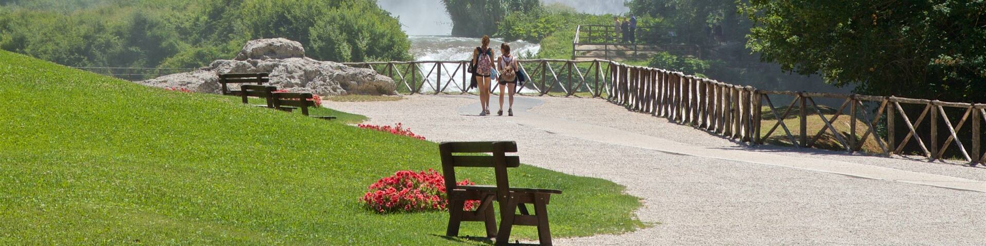 A waterfall, benches, and a path leading to it.