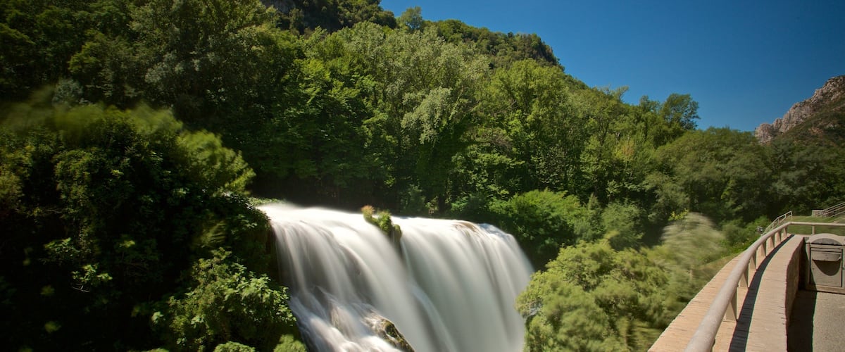 A waterfall surrounded by lush green forest and a bridge.