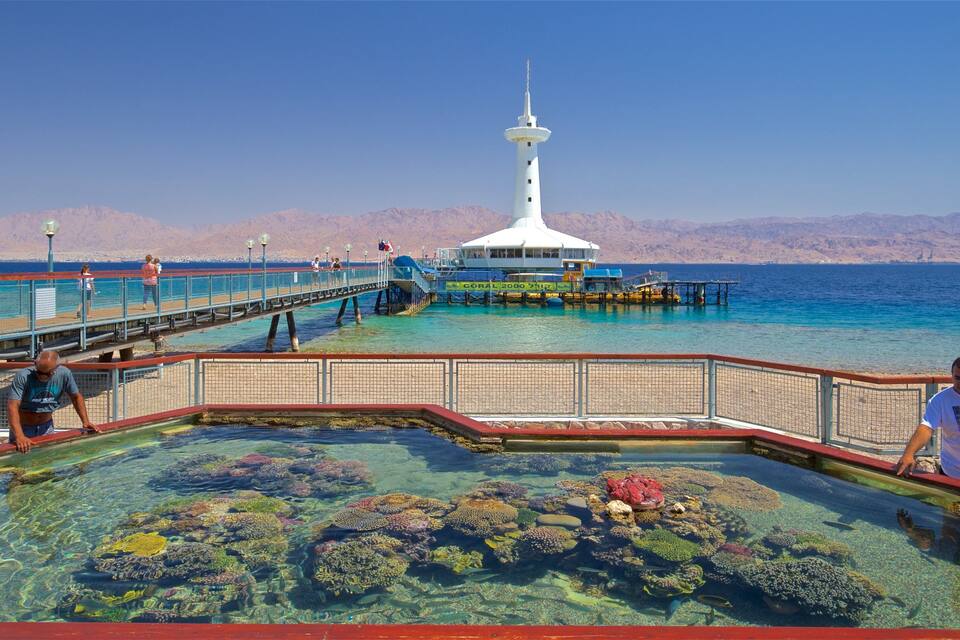 A pier with a lighthouse, clear blue water, and a coral reef.