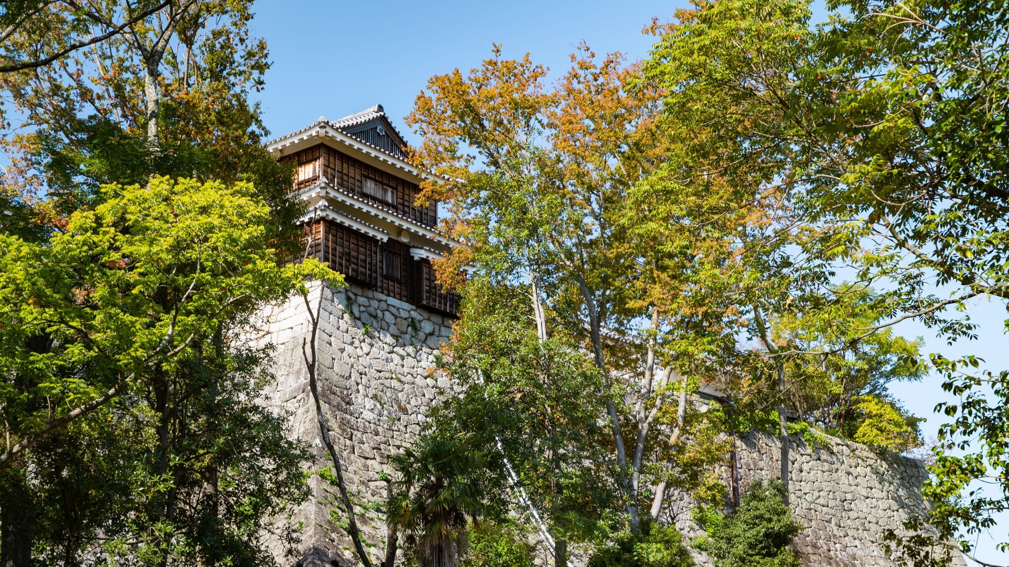 Een traditioneel Japans gebouw met houten details en een stenen muur, omgeven door weelderige groene bomen.