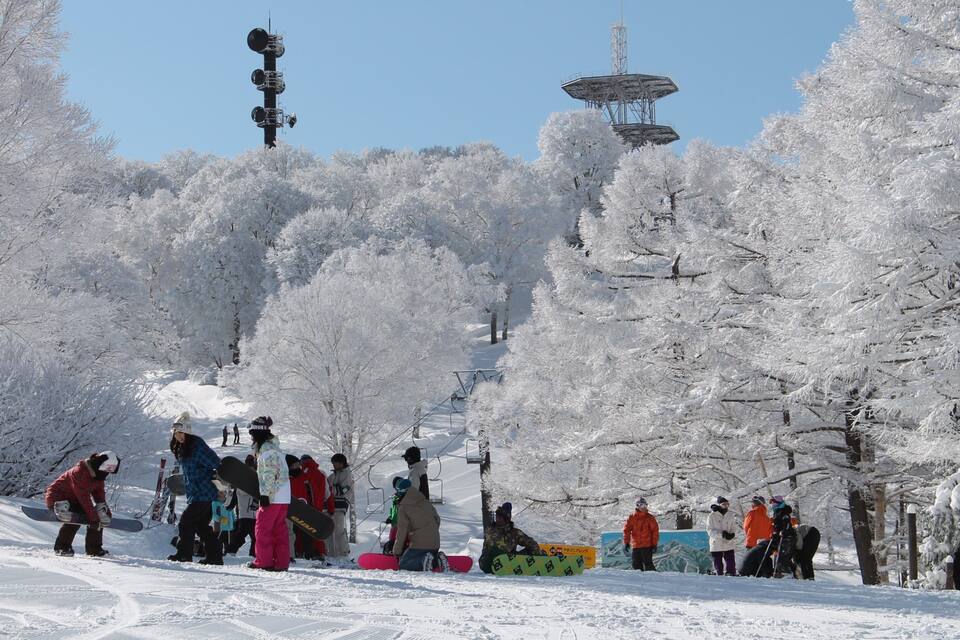 A snowy ski slope with people snowboarding and skiing, surrounded by snow-covered trees and a clear sky.