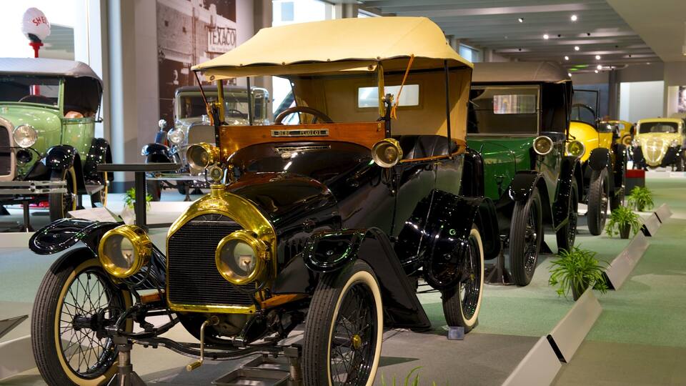 A vintage car with a beige canopy, black body, and gold accents, displayed in a museum setting with other classic cars.