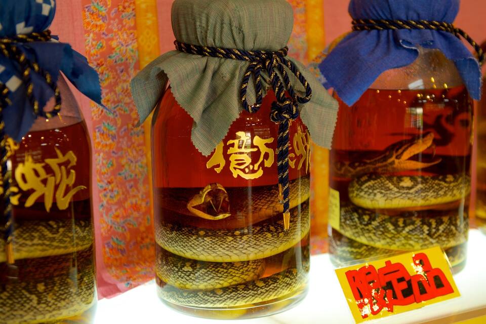Potes de vidro com serpentes, cada um com caracteres chineses.