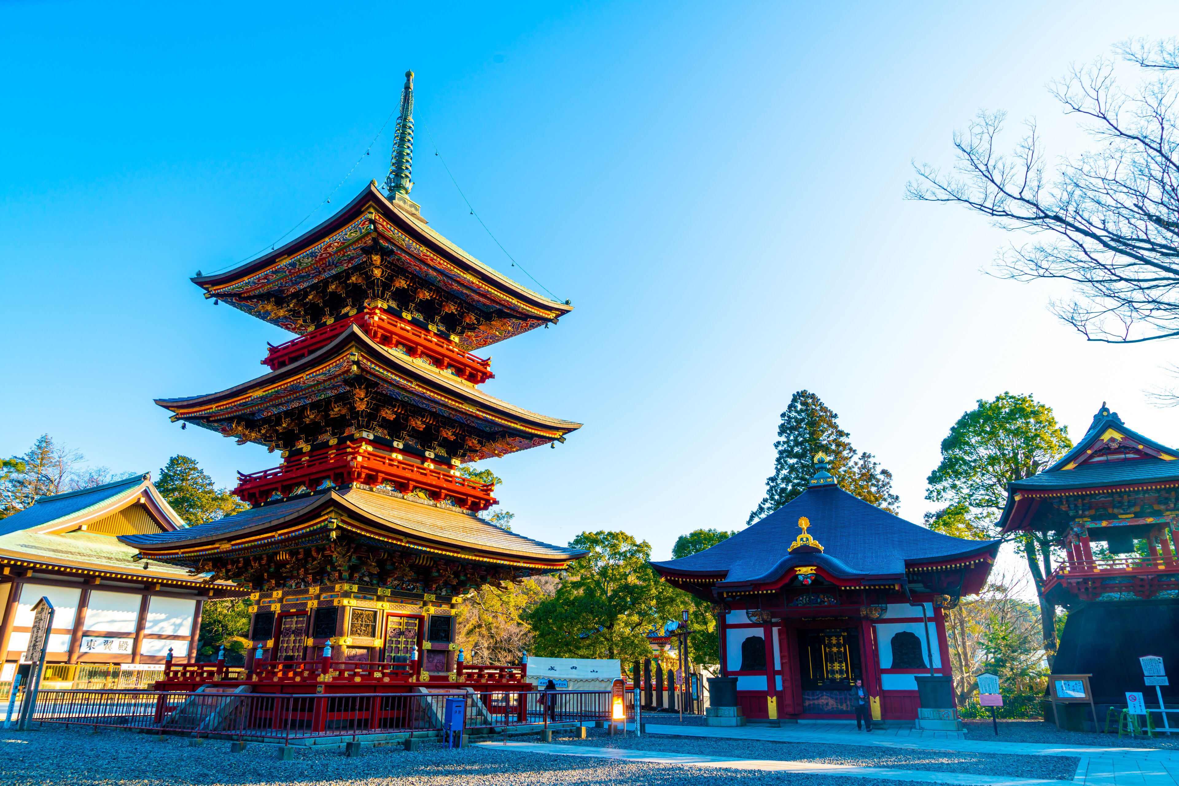 A traditional multi-tiered pagoda with intricate roof designs, surrounded by smaller buildings and trees.