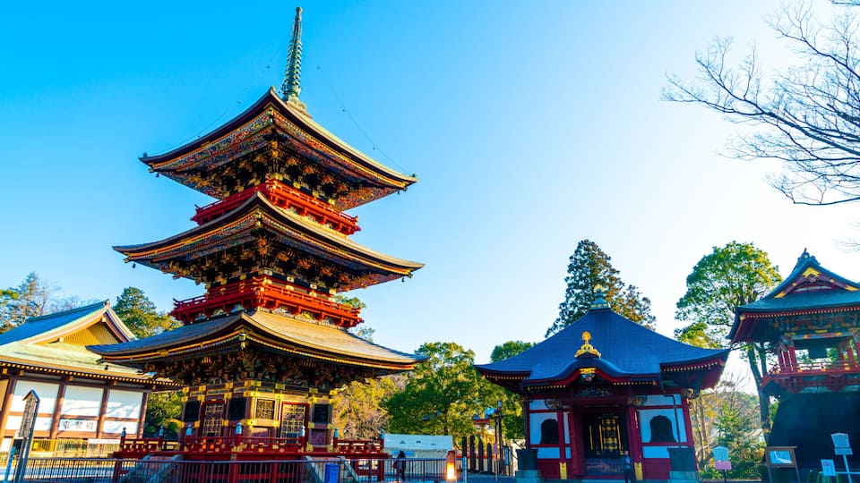 A traditional multi-tiered pagoda with intricate roof designs, surrounded by smaller buildings and trees.
