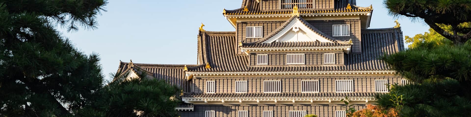 A traditional Japanese castle with multiple tiers, surrounded by lush greenery.