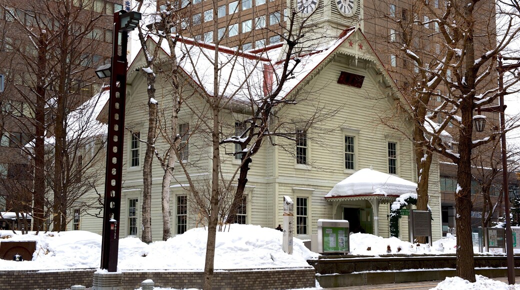 Clock Tower which includes snow and street scenes