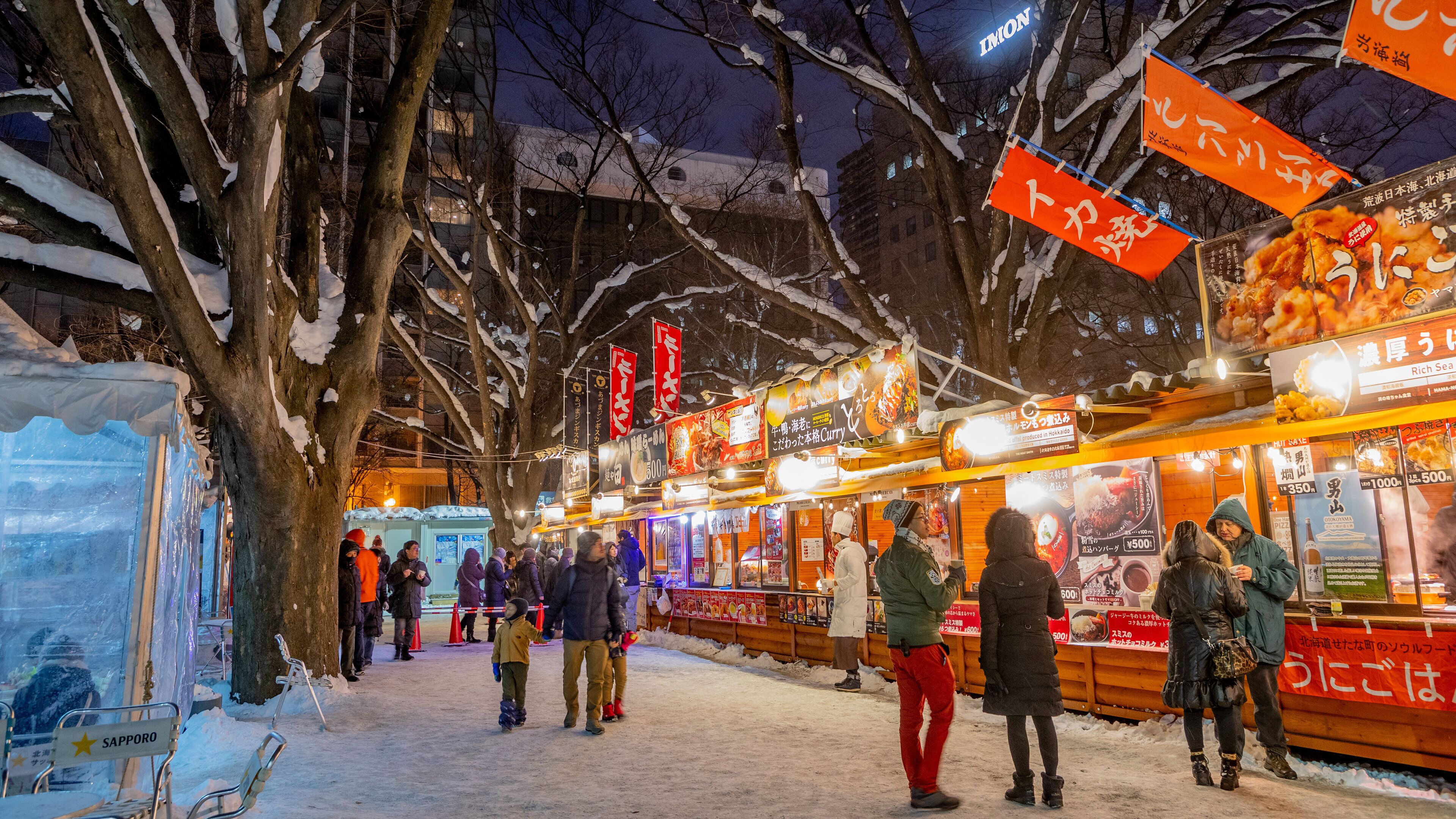 Odori Park featuring snow, street scenes and markets