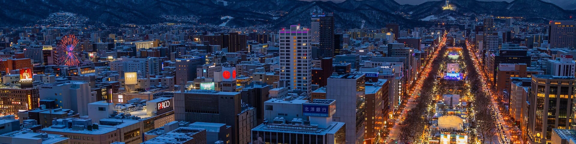 A cityscape at dusk with illuminated buildings, a prominent Ferris wheel, and snow-covered mountains in the background.