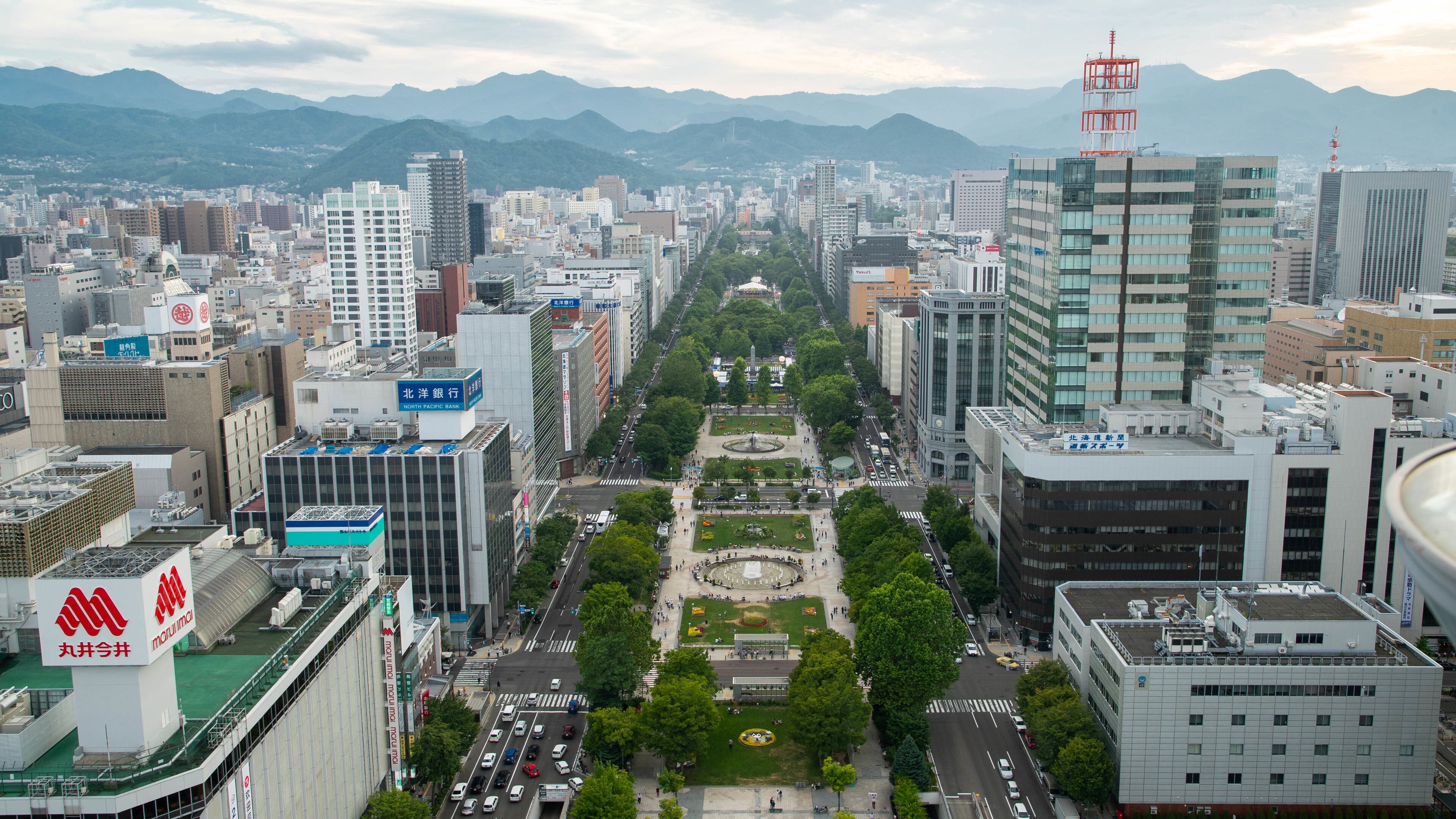 A cityscape with a central park, modern buildings, and mountains in the background.