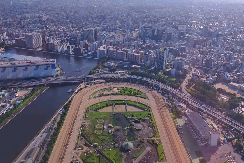 An aerial view of a city with a river, a large stadium, and surrounding high-rise buildings.