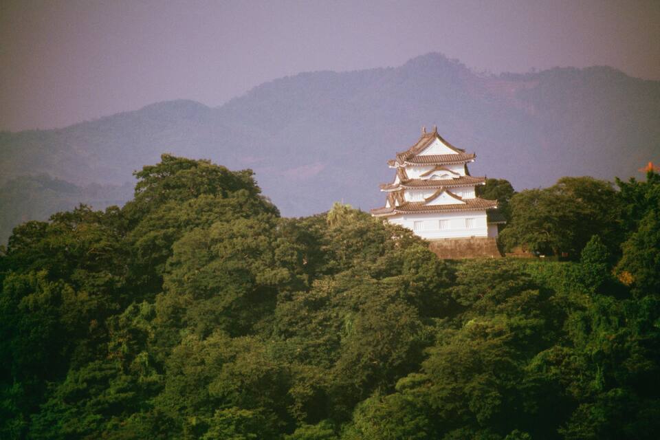 Un castello tradizionale giapponese circondato da una fitta foresta e montagne sullo sfondo.