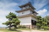 A traditional Japanese castle with a prominent multi-tiered roof, surrounded by pine trees and a stone fence.