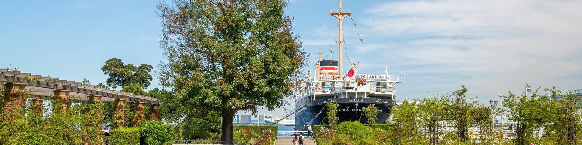 A park with a large tree, a pathway, and a ship docked in the background.