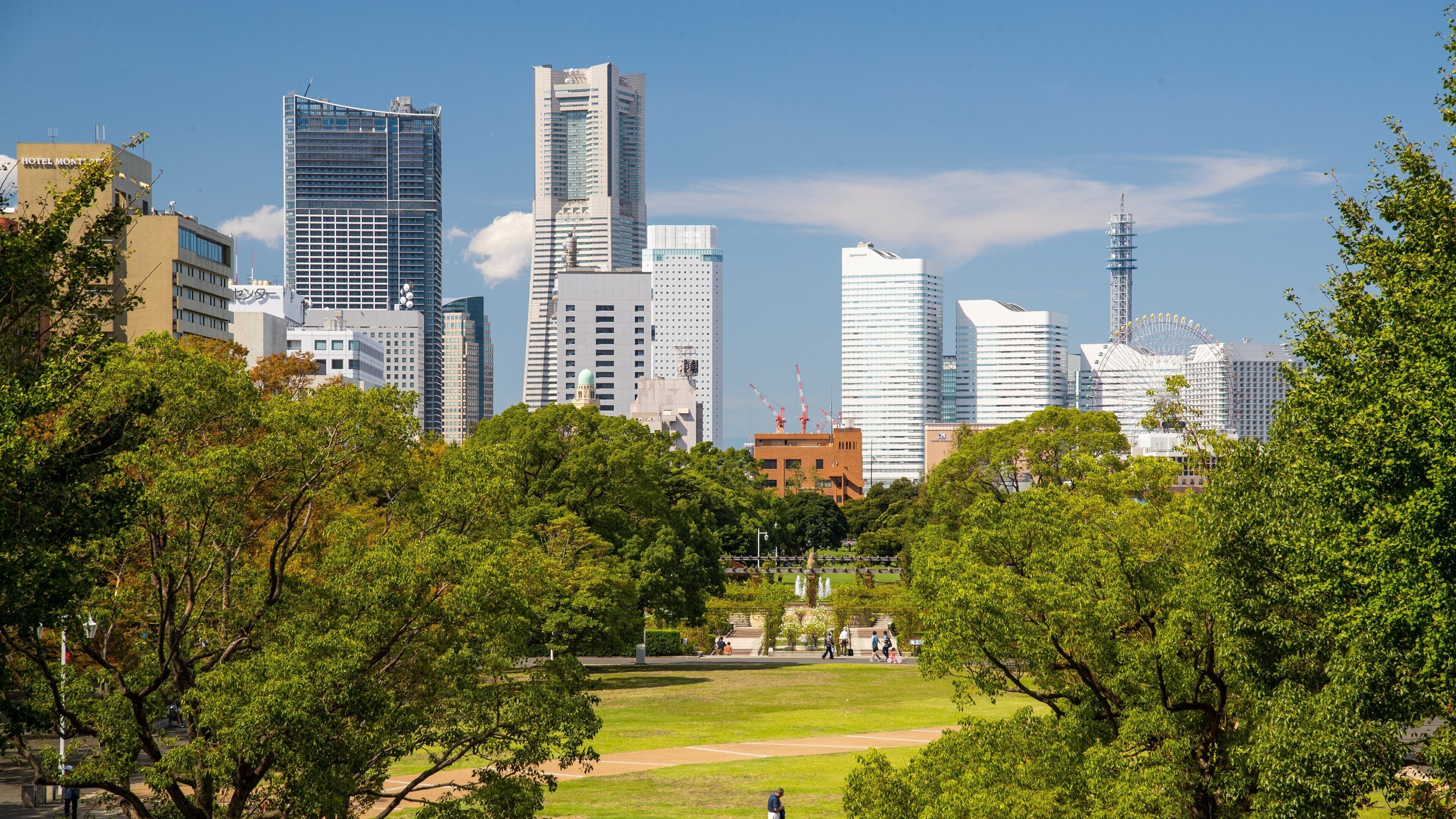 A cityscape with modern skyscrapers, a Ferris wheel, and a park with trees.