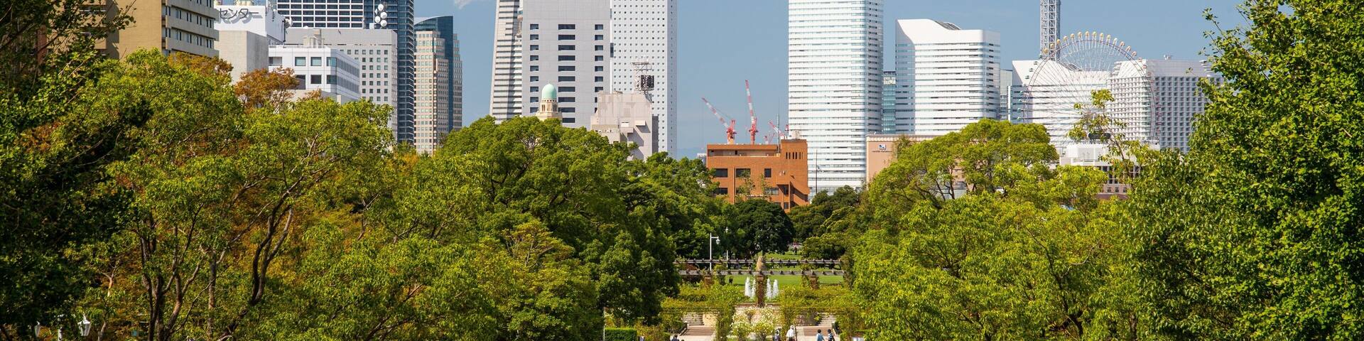 A cityscape with modern skyscrapers, a Ferris wheel, and a park with trees.