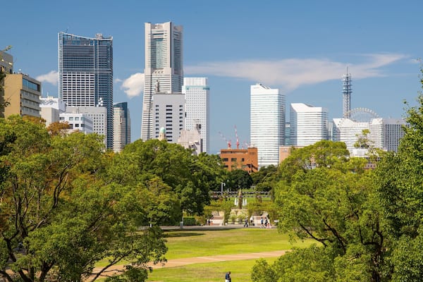 Un paysage urbain avec des gratte-ciel modernes, une grande roue et un parc arboré.