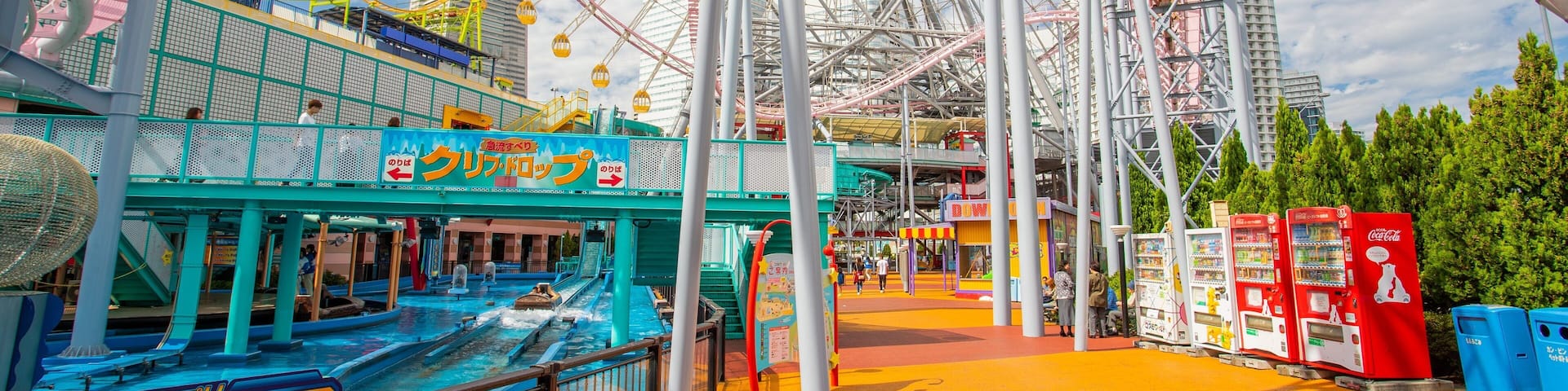 A Ferris wheel, a roller coaster, and a water ride at an amusement park.