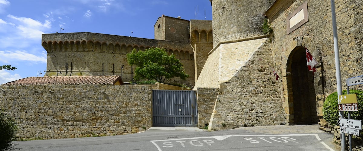 Italy, fortress Fortezza Medicea with Porto a Selci - Selci Door, entrance to medieval village Volterra, the fortress is used as a prison