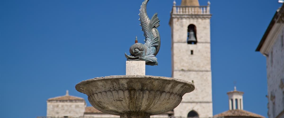 A fountain with a mermaid statue in front of a historic building with a bell tower.
