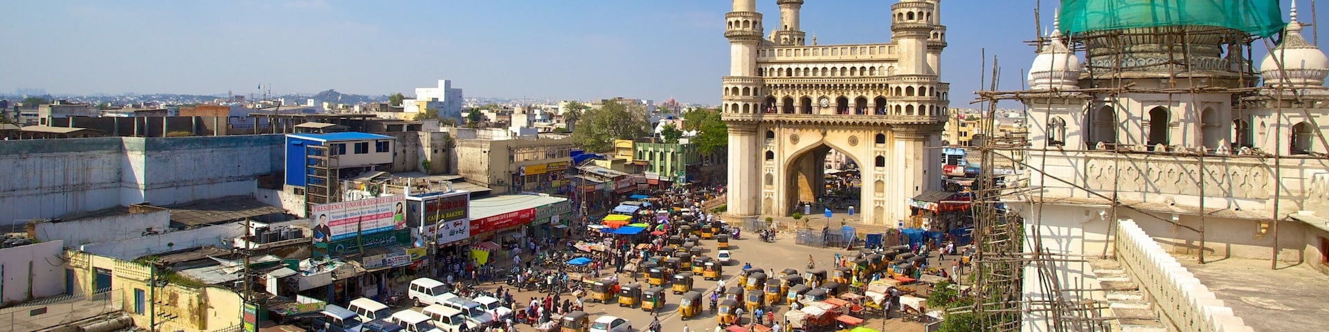 Charminar which includes a square or plaza, a memorial and heritage architecture