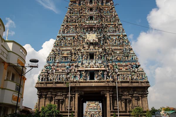 A detailed temple with intricate carvings and statues.
