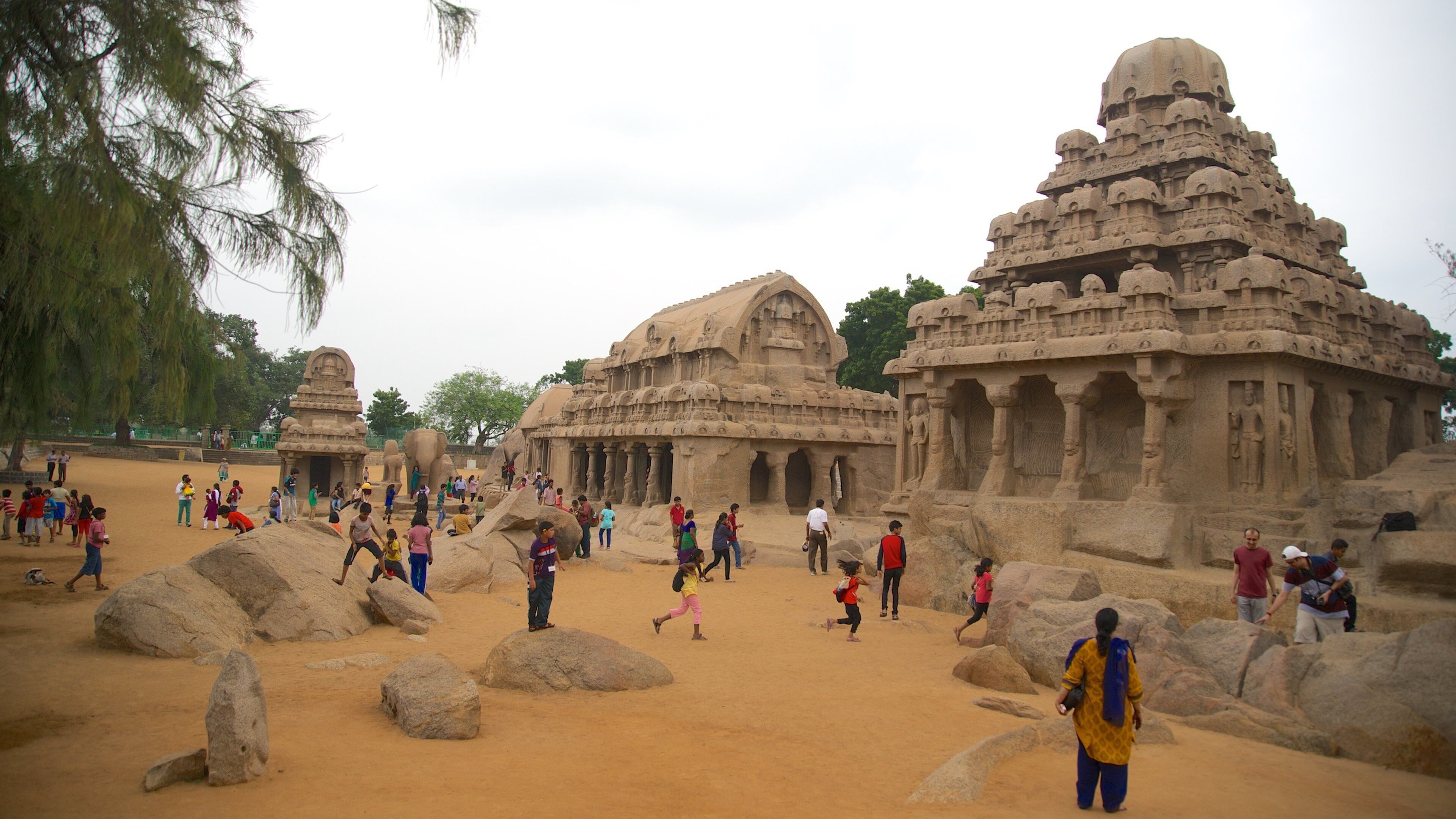 Pancha Pandava Rathas showing heritage elements as well as a large group of people
