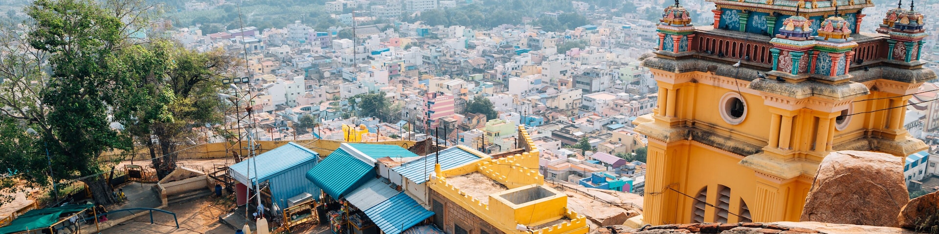 Trichy cityscape from Rockfort, Thayumanaswami temple in Tiruchirappalli, India